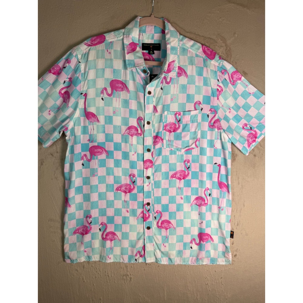 Margaritaville Mens‎ NEW Flamingo Checkered Button Down Shirt Teal Pink Rayon M